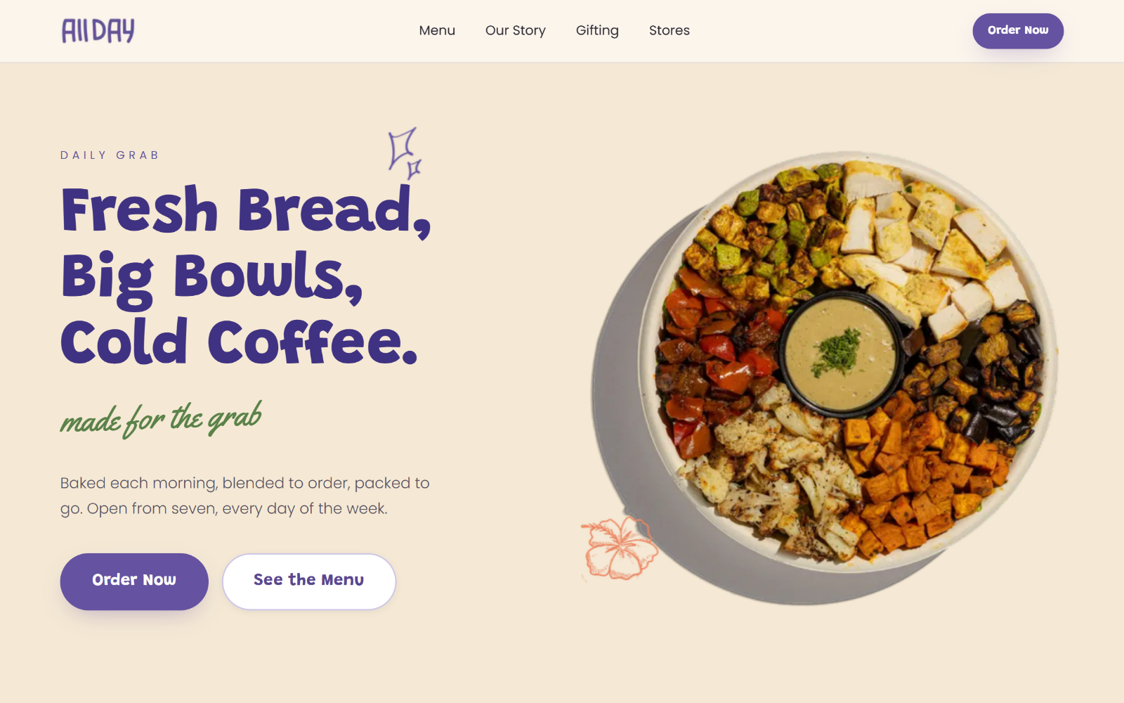The All Day homepage: the headline "Fresh Bread, Big Bowls, Cold Coffee" beside a photograph of a grain bowl.